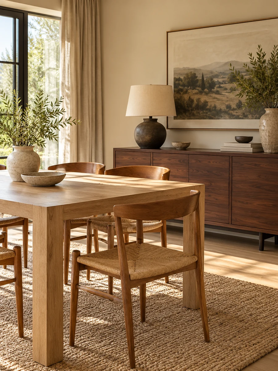 Comedor con mesa de roble claro, sillas de madera y aparador de nogal
