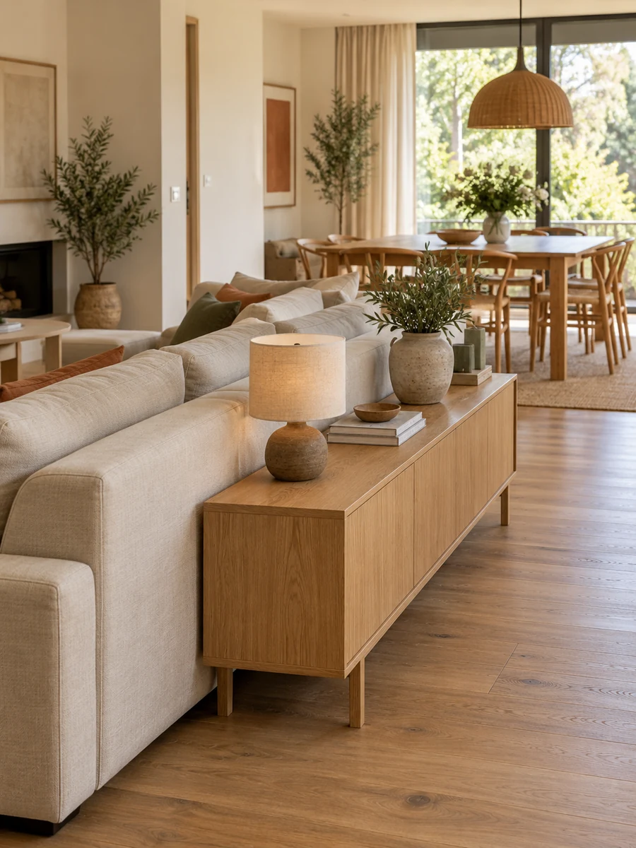 Mueble bajo de madera detrás de un sofá en salón comedor