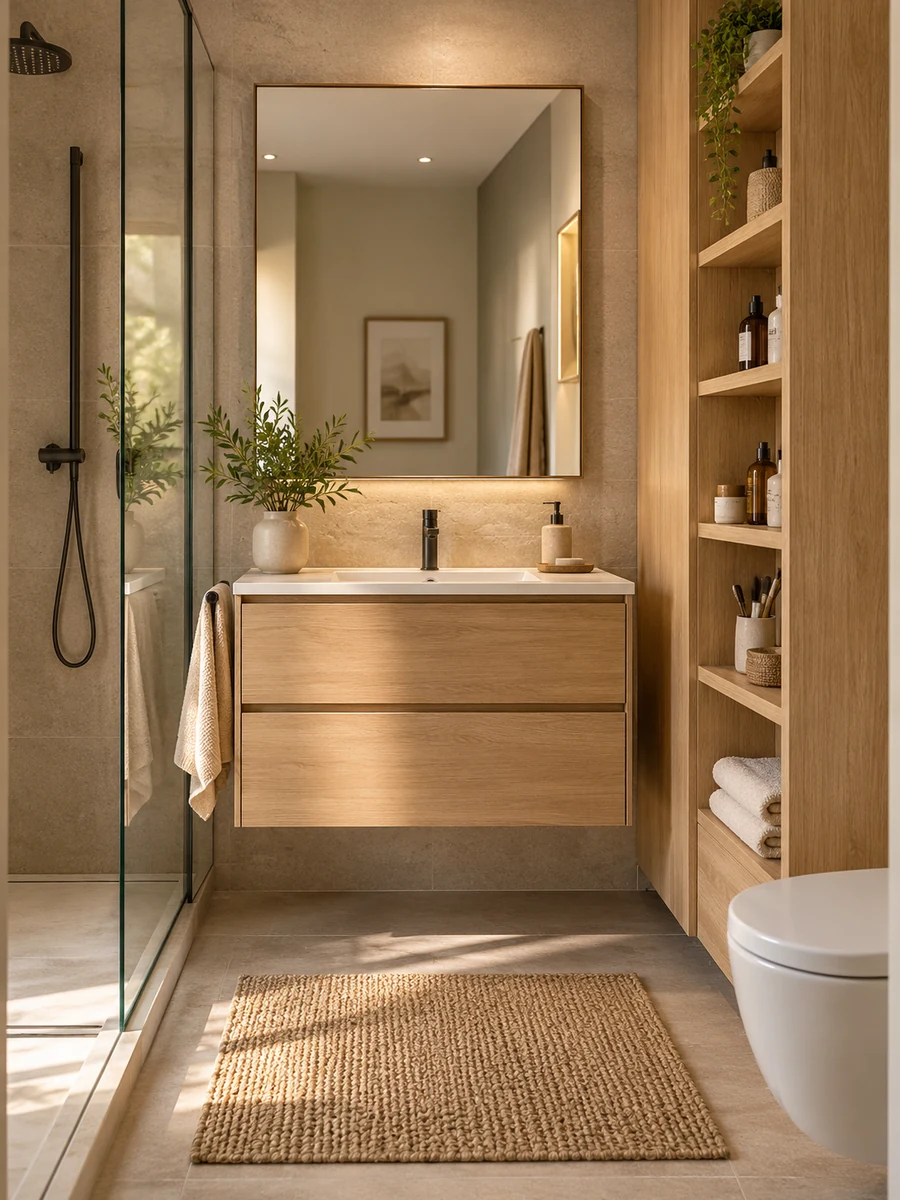 Mueble suspendido de madera con cajones y almacenaje vertical en un baño pequeño.