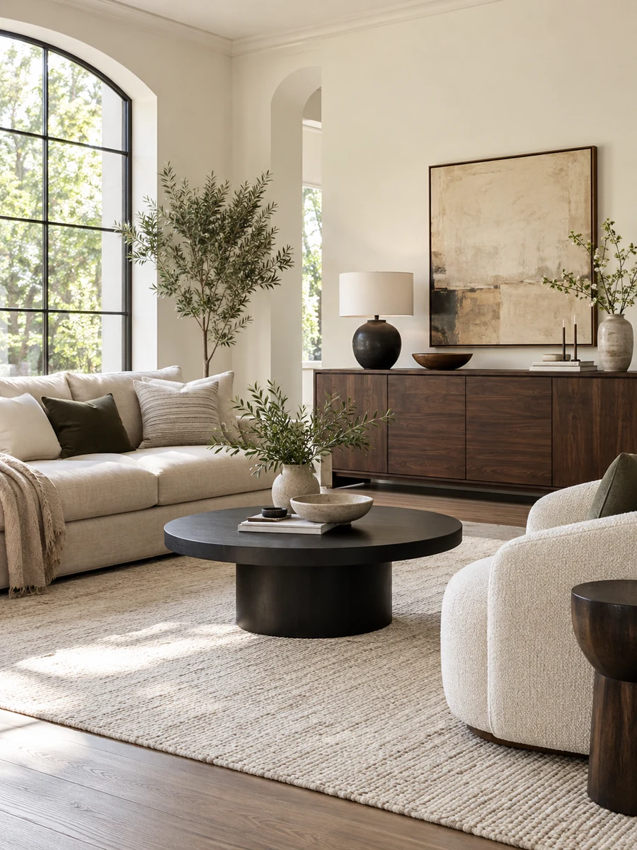 Salón con sofá claro, mesa negra y aparador de madera oscura combinados