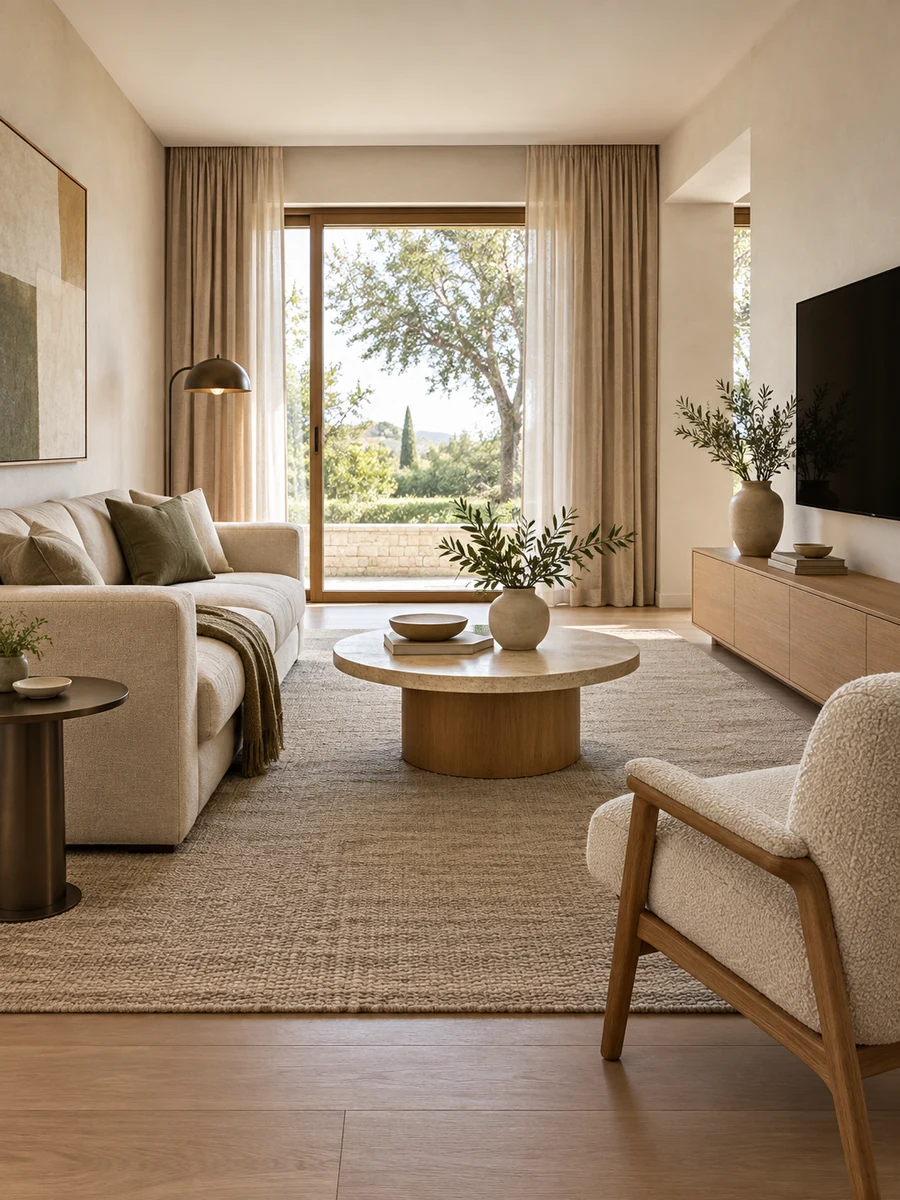 Muebles de salón moderno con sofá neutro, mesa de centro y mueble de televisión