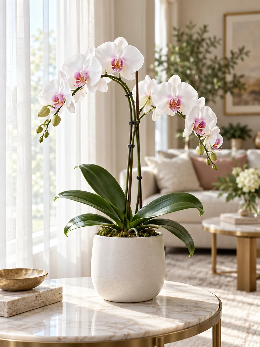 Orquídea mariposa con flores blancas Orquídea mariposa de flores blancas y centro rosado sobre una mesa junto a la ventana.