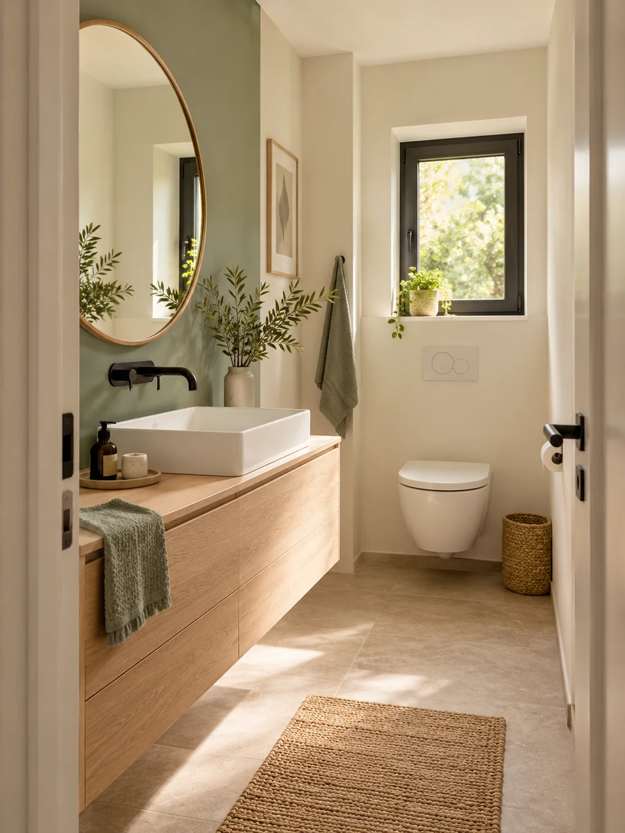 Baño pequeño con pared verde salvia, mueble de madera clara y lavabo blanco.