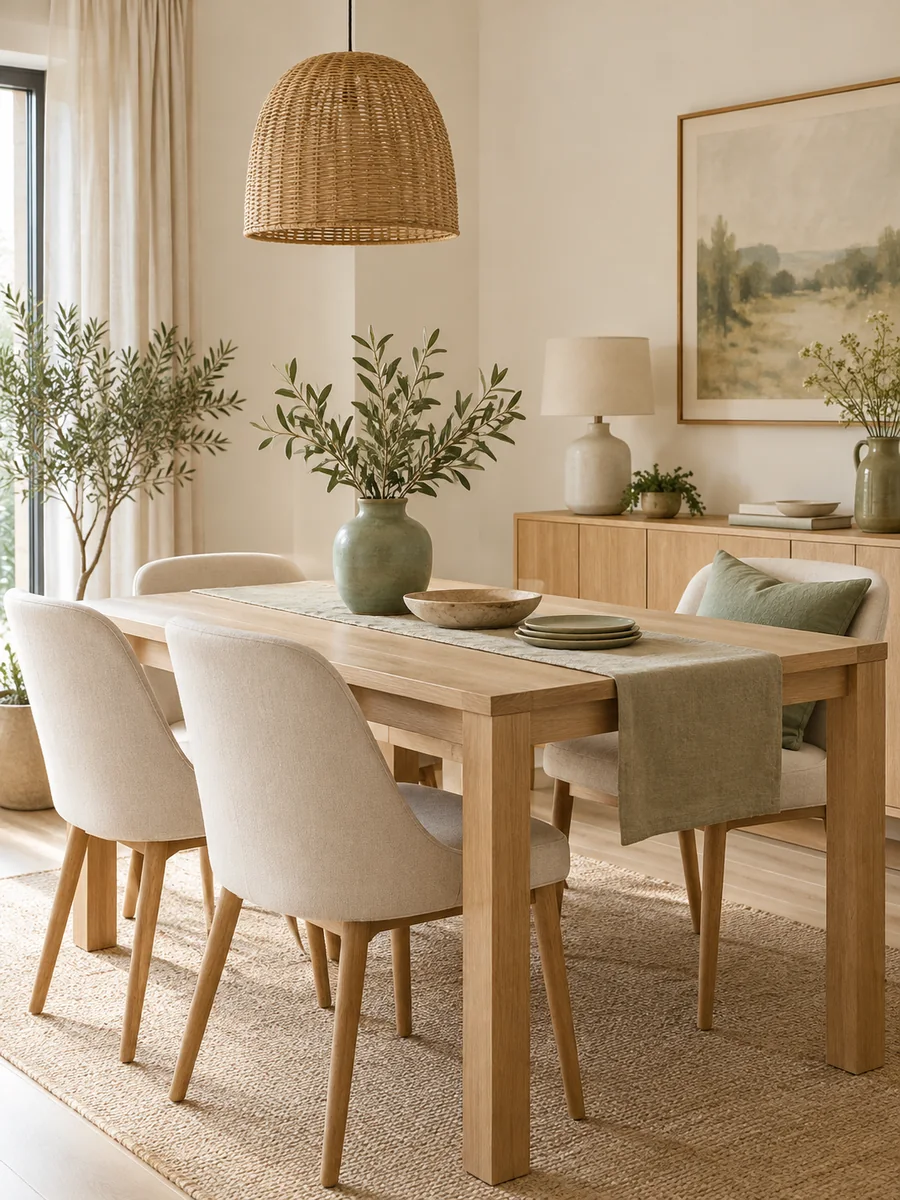 Comedor en tonos crema y madera con detalles verde salvia