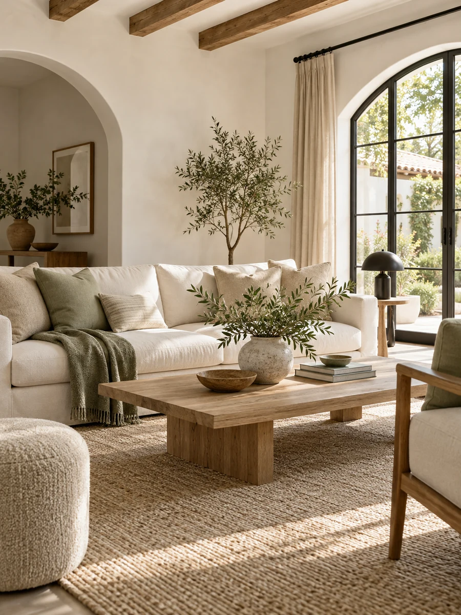 Salón luminoso con sofá crema, muebles de madera clara y detalles verde salvia