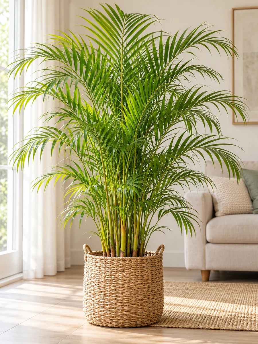 Palmera areca de frondas finas y arqueadas en una cesta de mimbre dentro de un salón claro.
