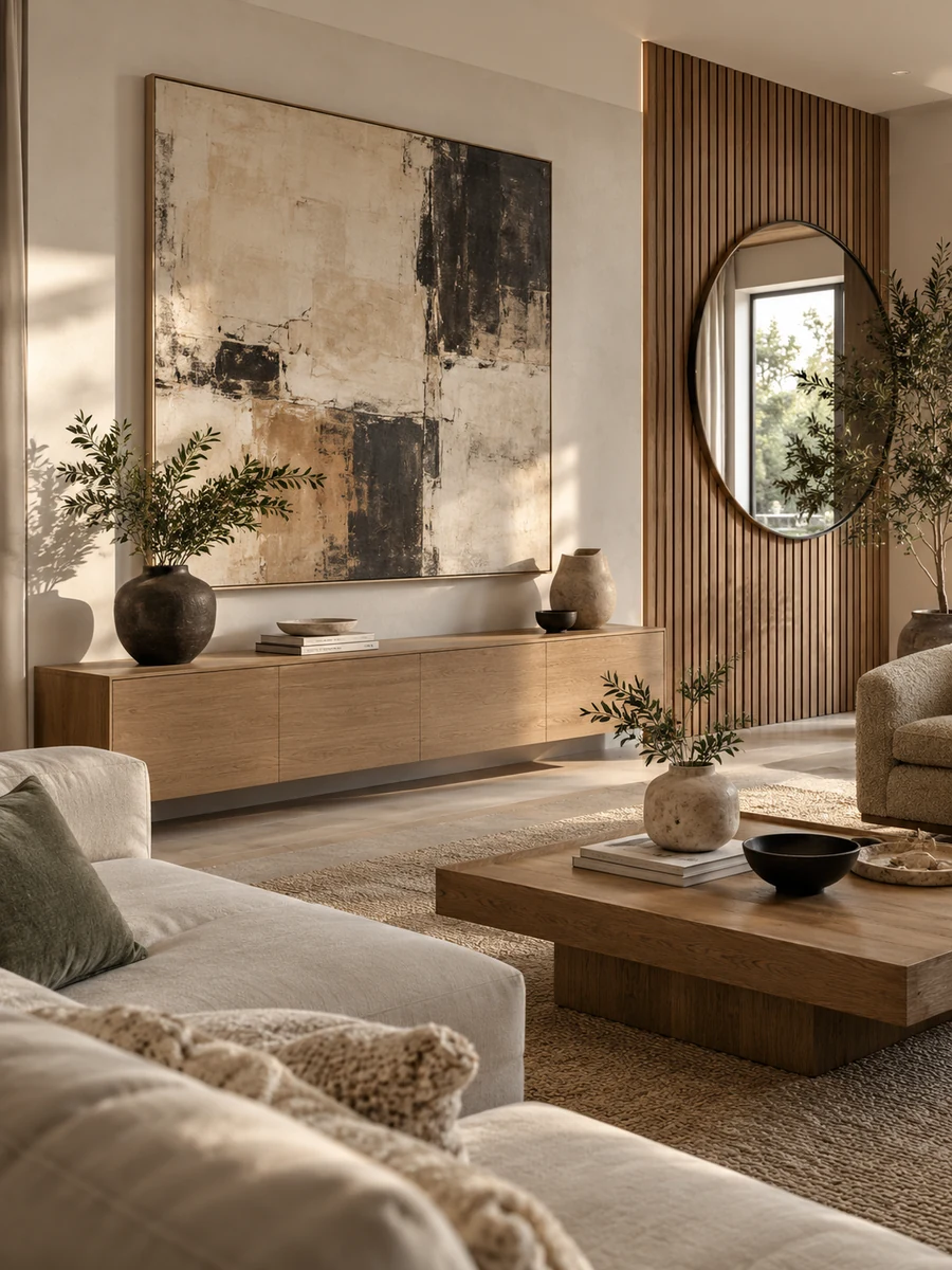 Pared de salón moderno decorada con cuadro, espejo y listones de madera