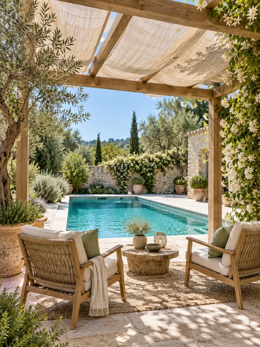 Pérgola de madera y tela clara que da sombra a un salón exterior junto a la piscina