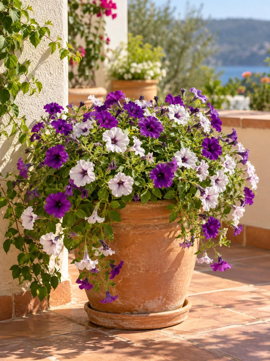 Petunia de flores moradas en una jardinera soleada