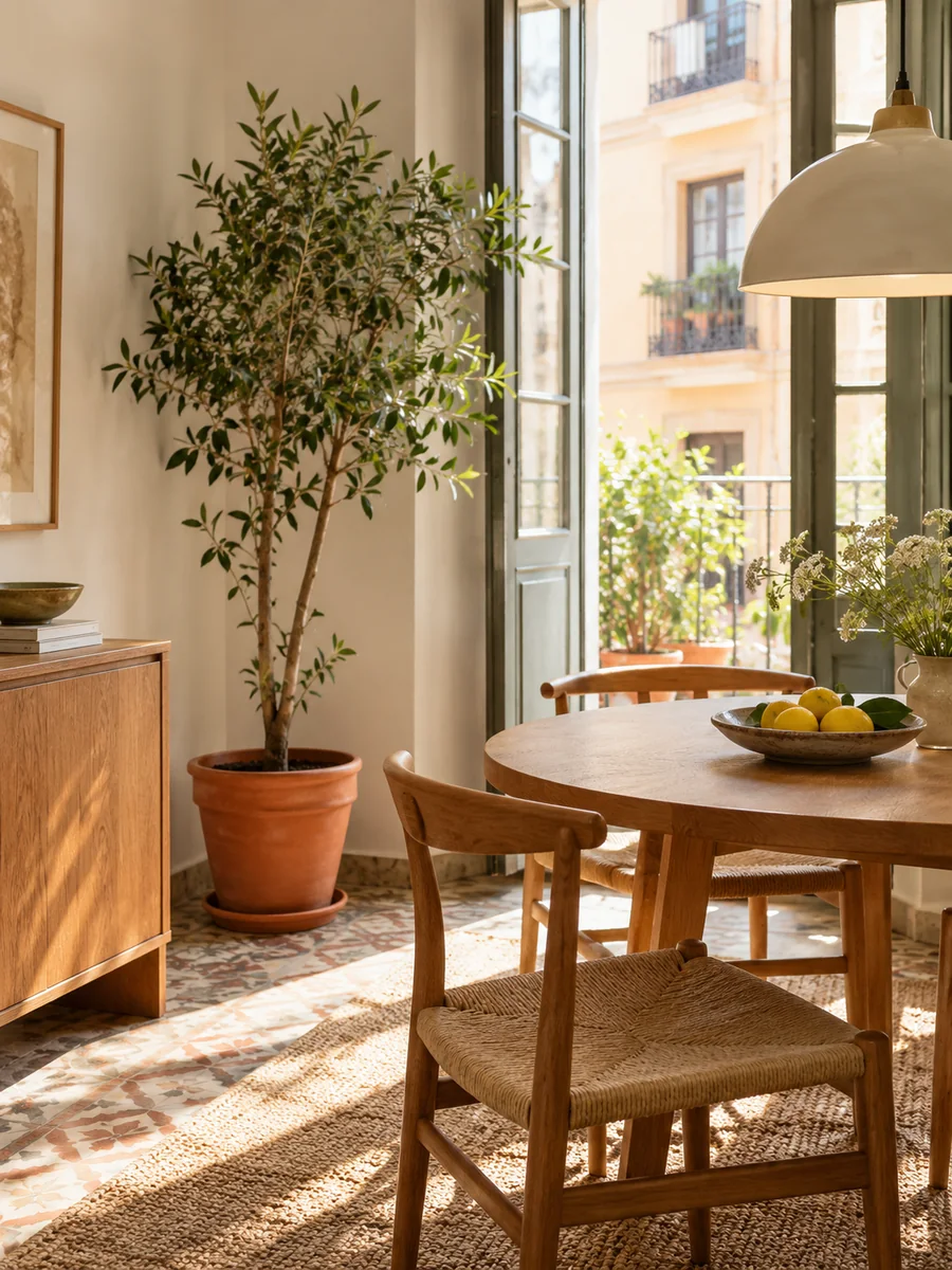 Planta de interior junto a una mesa de comedor de madera clara