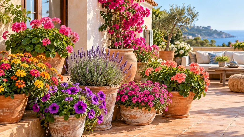 Terraza mediterránea con geranios, lantanas y otras plantas en flor a pleno sol