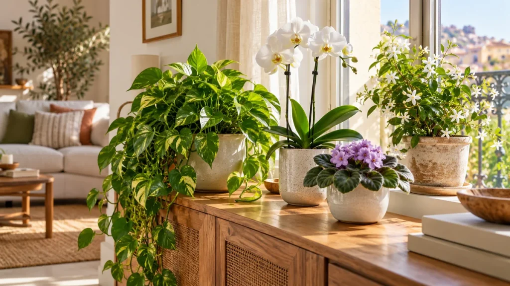 Plantas de interior que mejoran el ánimo en un rincón luminoso con poto, orquídea, violeta africana y jazmín.