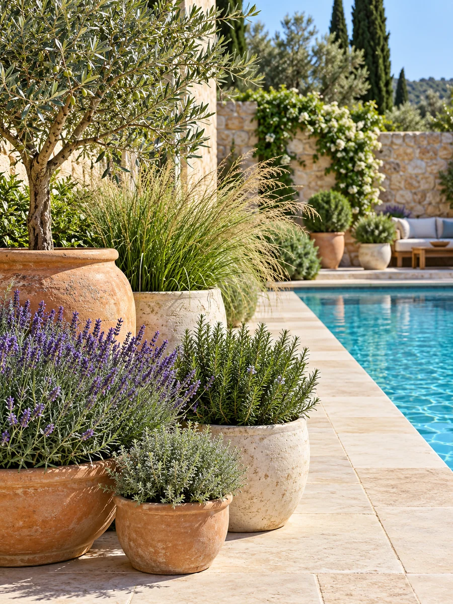 Macetas de terracota con lavanda, romero y gramíneas junto a la piscina