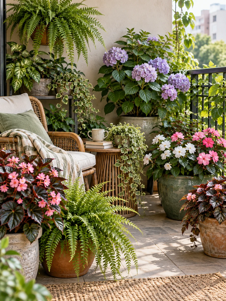 Plantas para terrazas con sombra y semisombra Plantas de sombra y semisombra en una terraza con flores y macetas