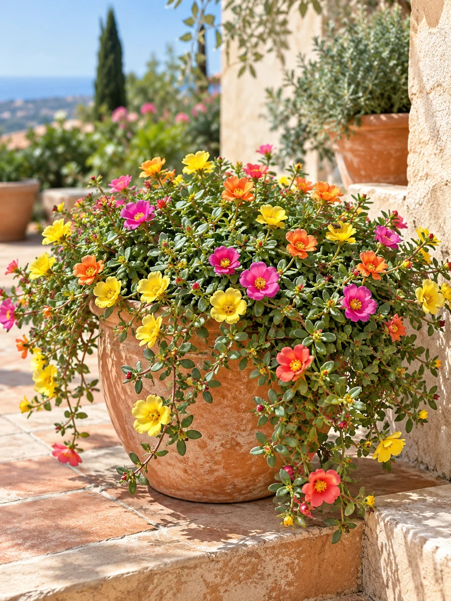 Portulaca con flores de colores en una maceta al sol