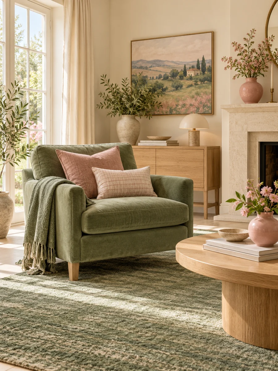 Salón neutro con butaca y alfombra verde como base y cojines rosas de acento.