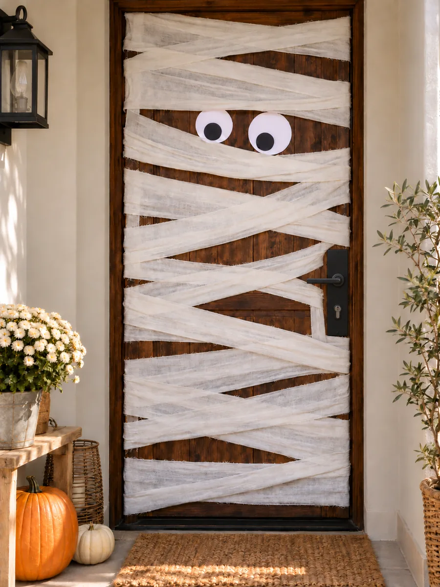 Puerta decorada como momia con tiras blancas de tela y ojos de papel