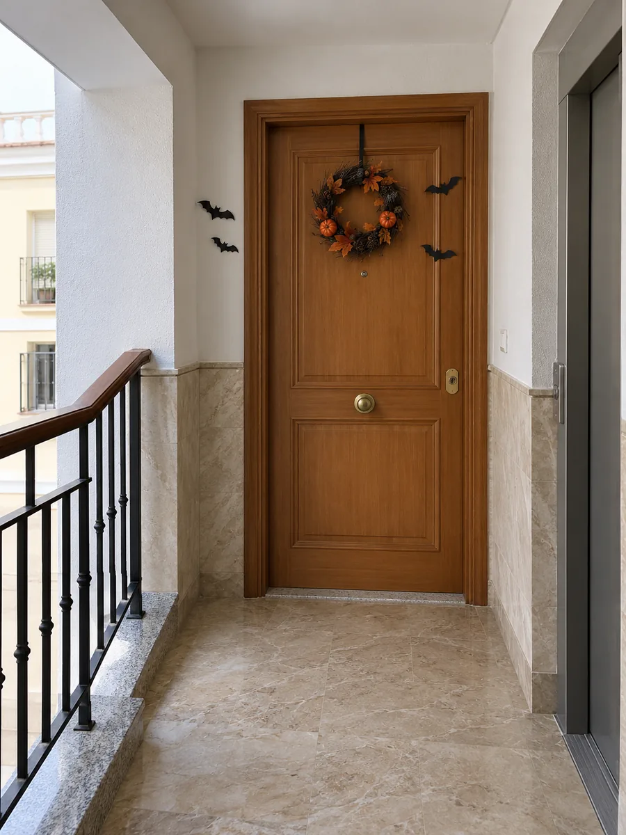 Puerta de piso con corona y murciélagos de papel, descansillo despejado