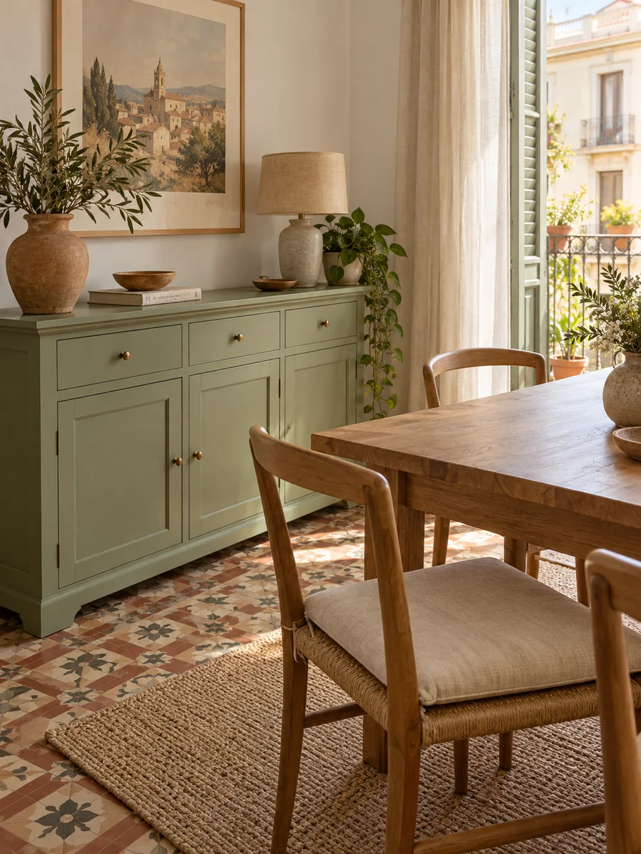 Comedor renovado con mueble auxiliar pintado y detalles sencillos