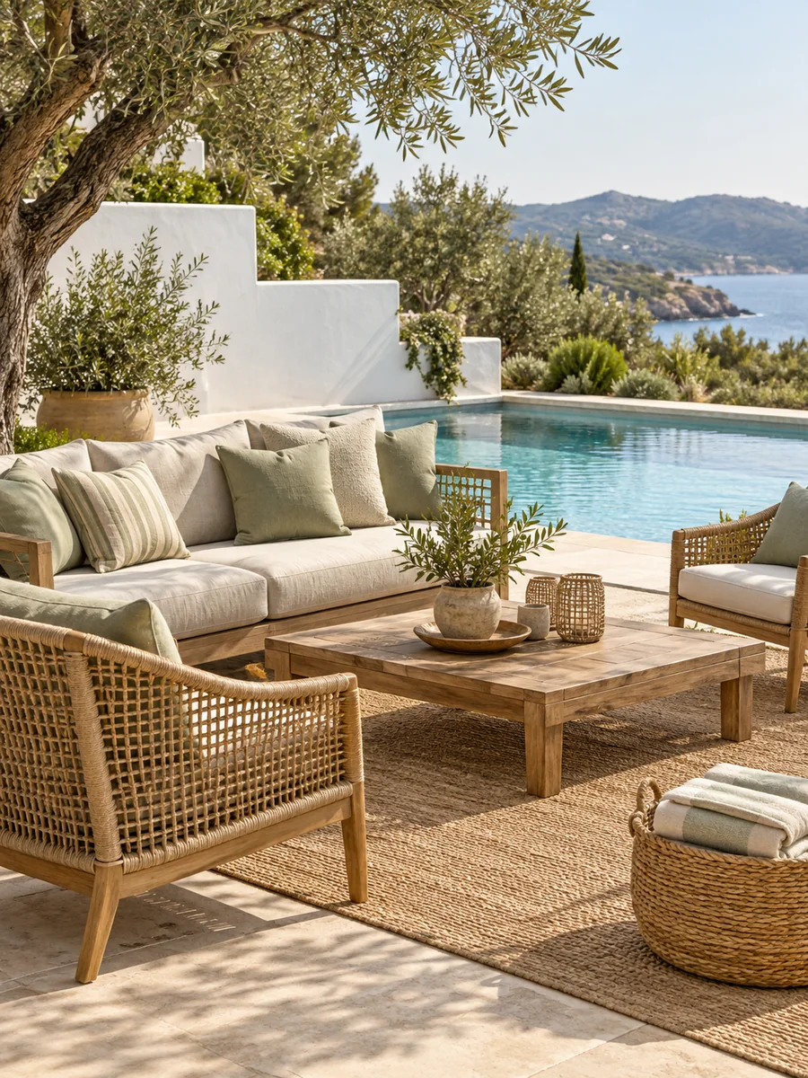 Sofá exterior con cojines neutros y mesa baja frente a la piscina