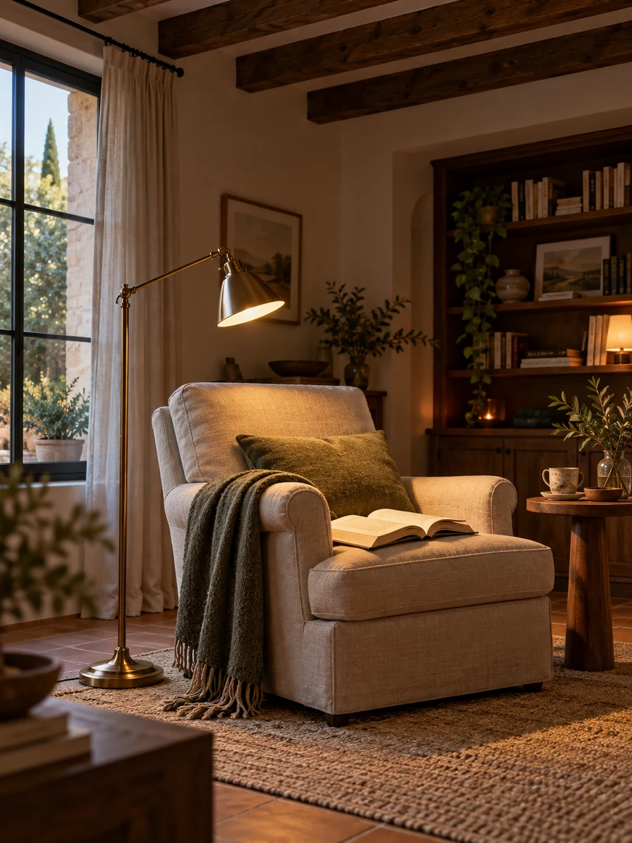 Rincón de lectura con lámpara orientable junto a un salón con vigas