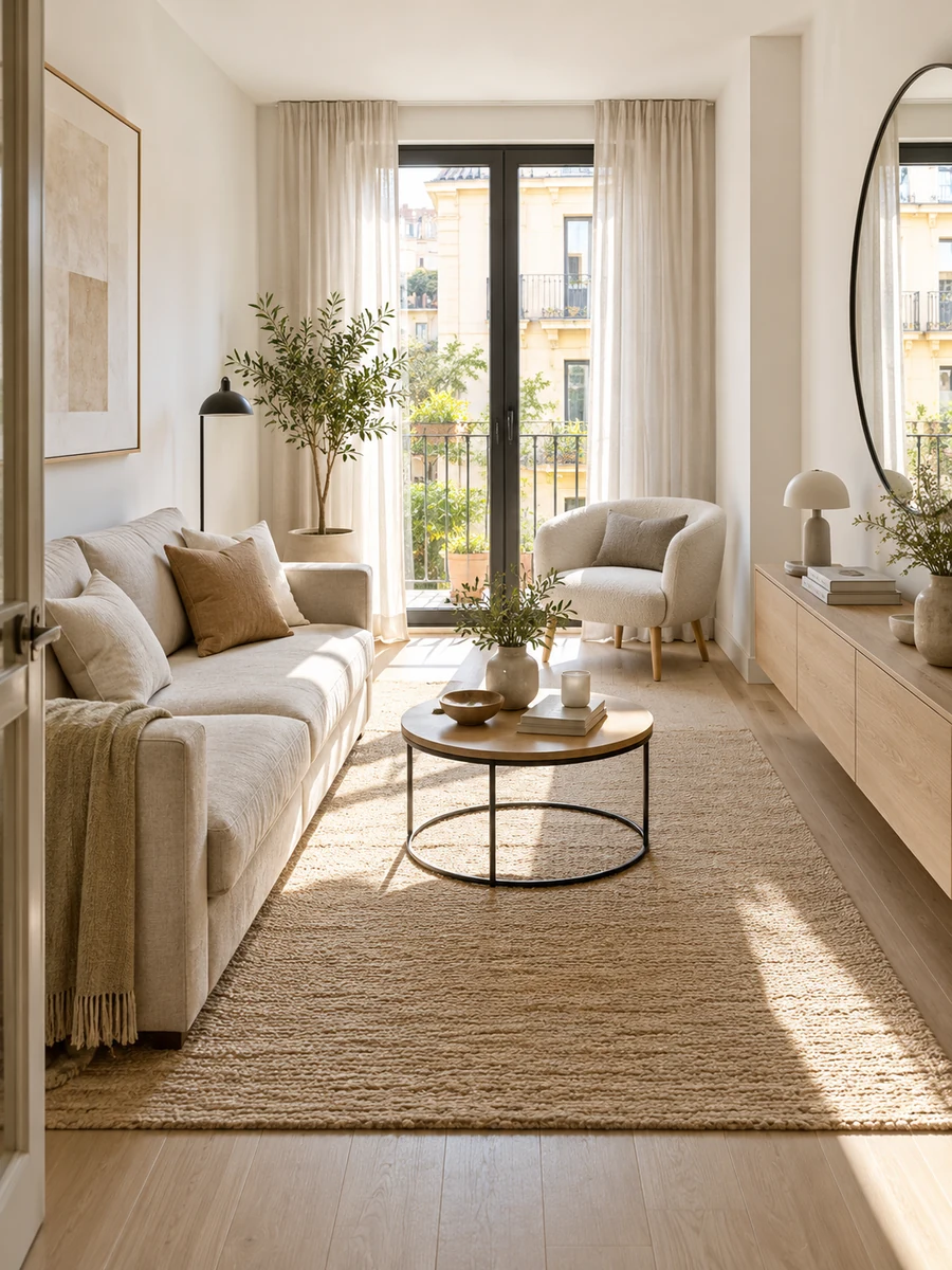 Salón pequeño moderno y elegante con muebles ligeros y espejo