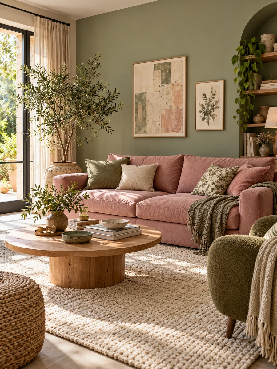 Salón con sofá rosa empolvado, pared verde salvia y muebles de madera clara.
