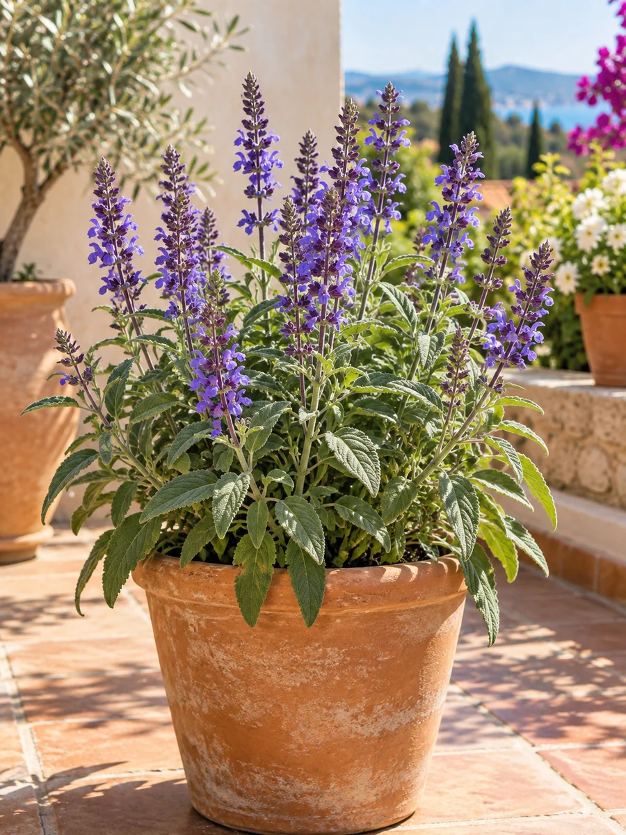 Salvia ornamental con espigas violetas a pleno sol
