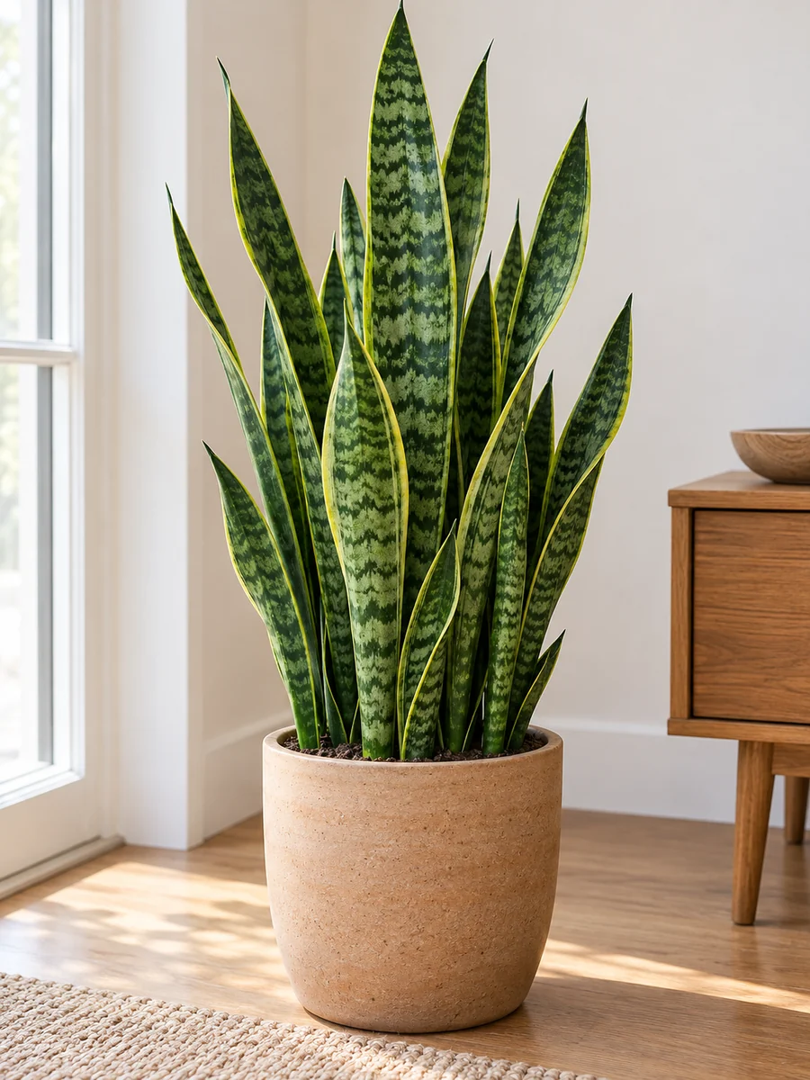 Sansevieria de hojas altas con bandas verdes en una maceta de cerámica en un rincón luminoso.