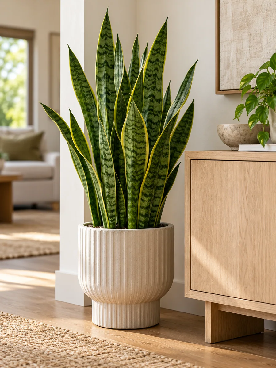 Sansevieria de hojas verticales Sansevieria de hojas verticales verdes con bordes amarillos en una maceta clara.