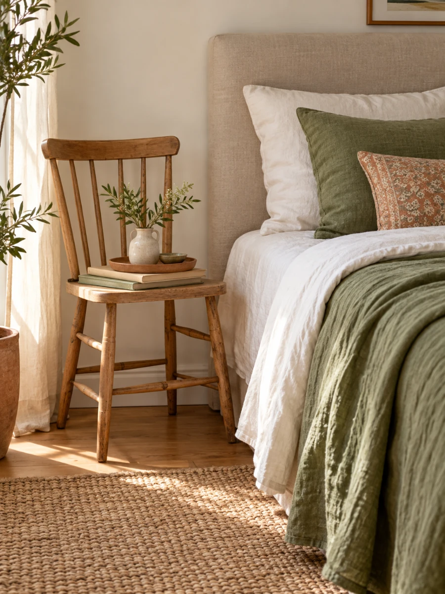Silla de madera con bandeja usada como mesita de noche en un dormitorio