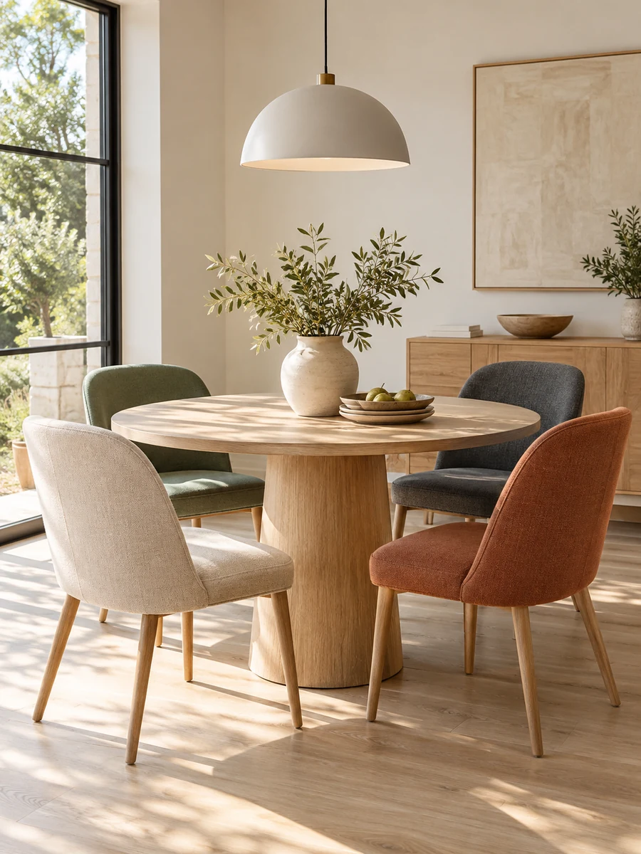 Comedor con mesa clara y sillas beige, verde, terracota y gris