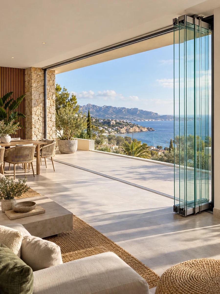 Cerramiento de cristal plegable abierto en una terraza
