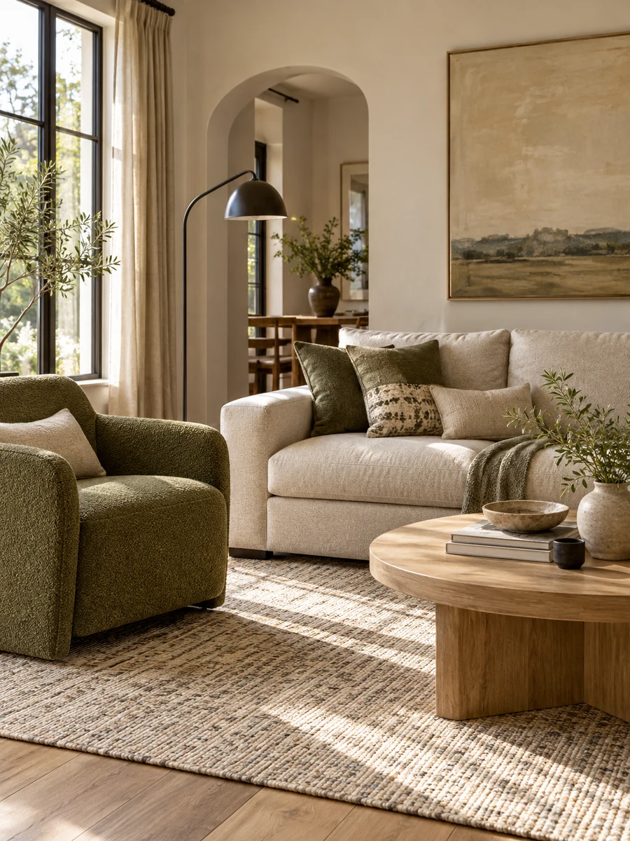Salón con sofá beige, butaca verde oliva y mesa de madera