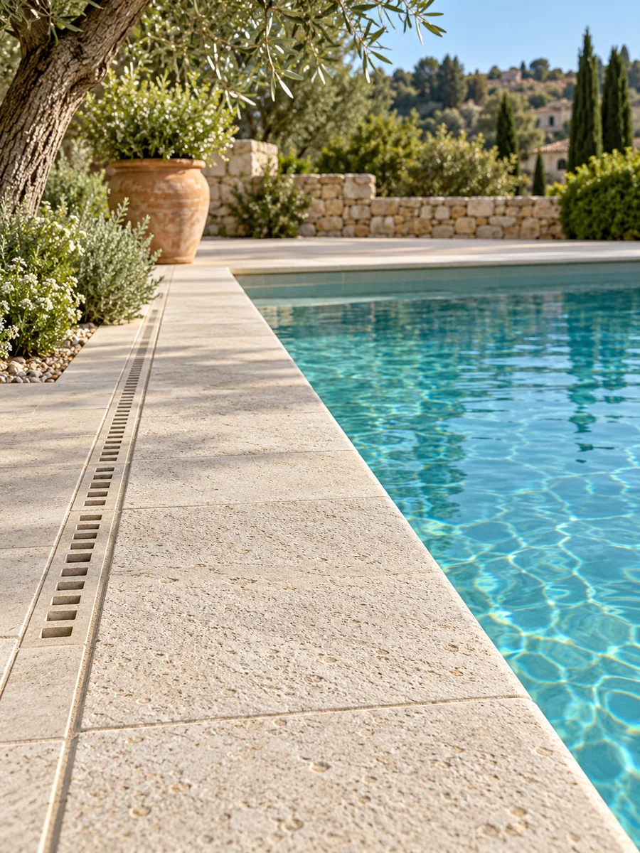 Pavimento de piedra clara antideslizante junto al agua de la piscina