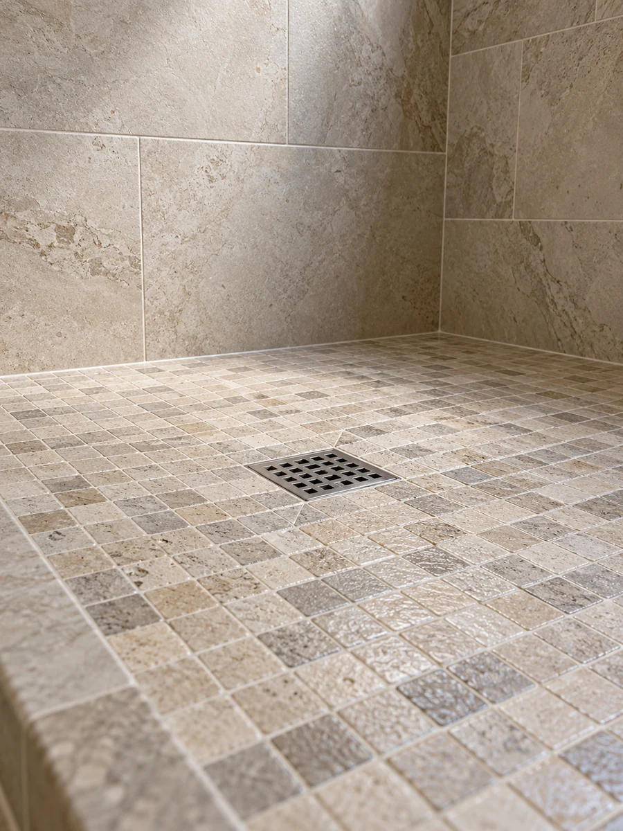Suelo de mosaico antideslizante en una ducha abierta sin paño de cristal.