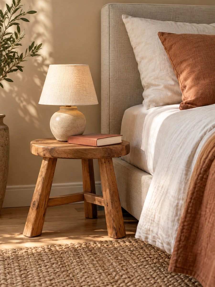 Taburete bajo de madera utilizado como mesita de noche junto a la cama