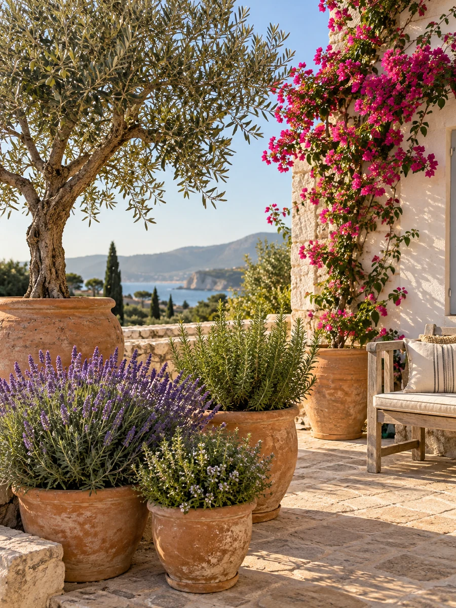 Terraza mediterránea con plantas aromáticas y flores Terraza mediterránea con olivo, lavanda, romero y buganvilla