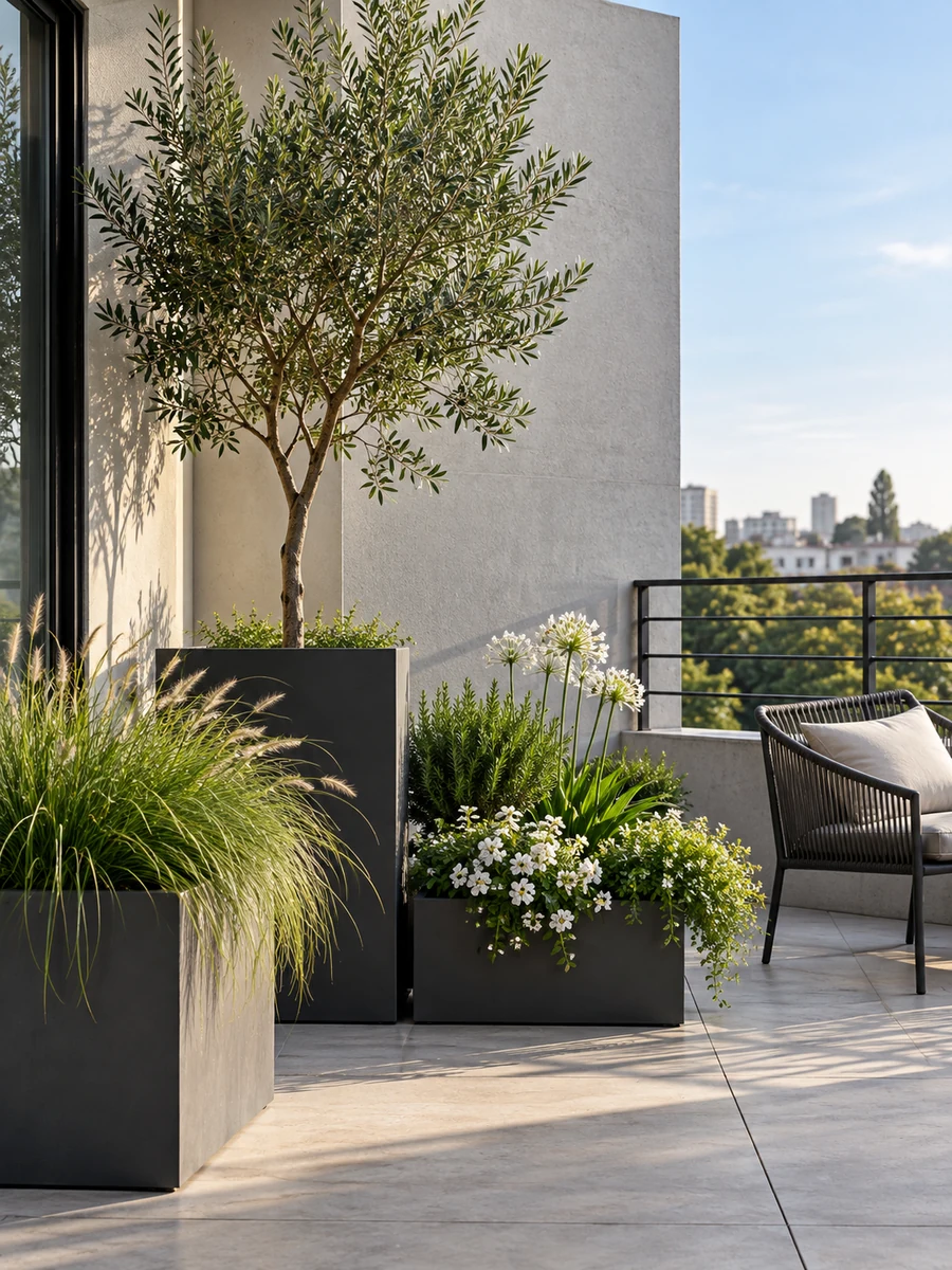 Terraza contemporánea con macetas y plantas Terraza contemporánea con macetas oscuras y plantas de distintas alturas