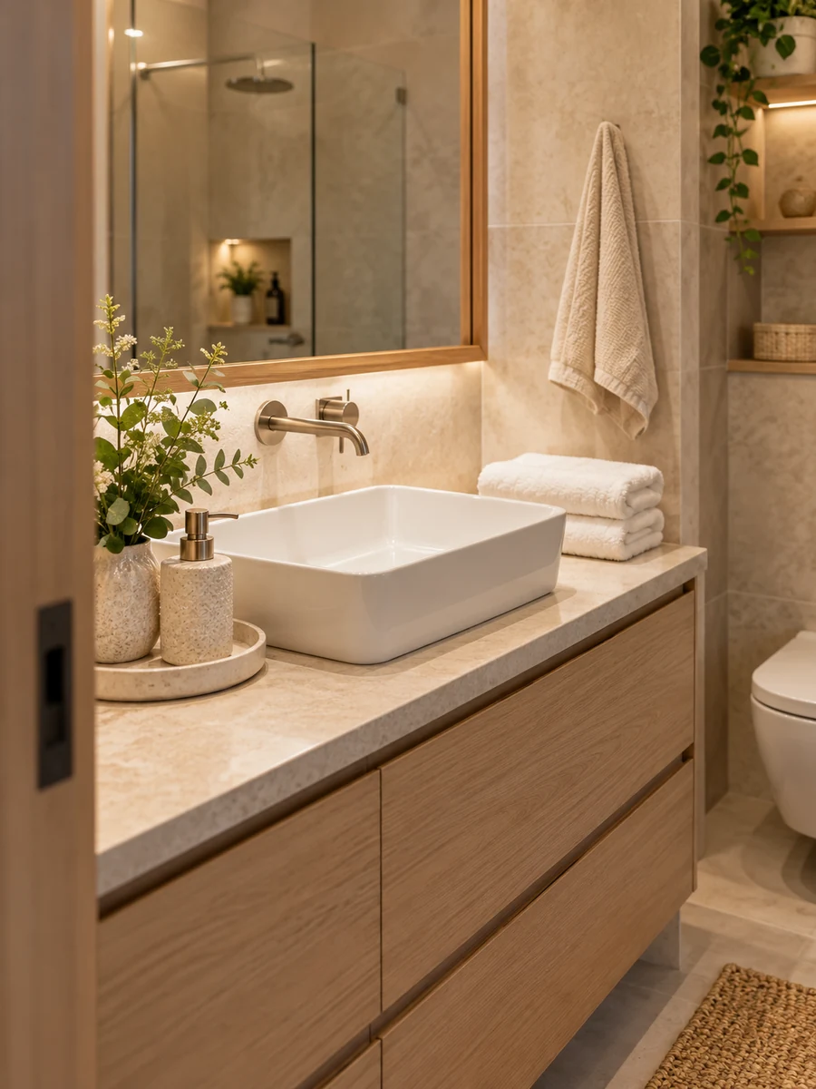 Toallas blancas y accesorios de cerámica ordenados sobre el lavabo.