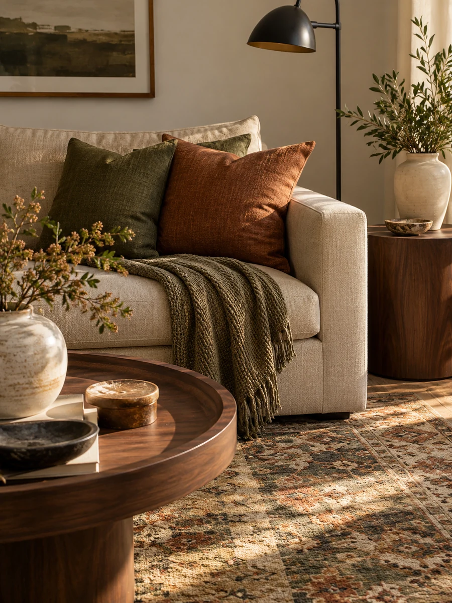 Detalle de sofá beige con cojines verde y terracota, lámpara y alfombra