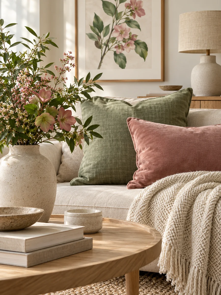 Cojines rosa y verde con textiles neutros, madera, cerámica y estampado botánico.