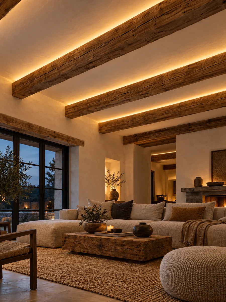 Vigas de madera con iluminación LED indirecta que crea un halo cálido en el techo