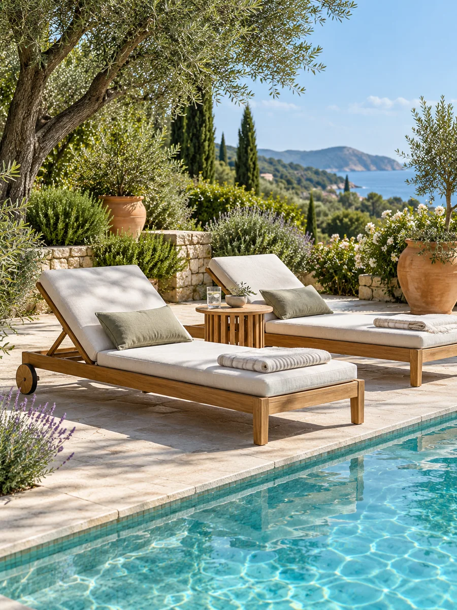 Dos tumbonas de madera con cojines claros junto a una piscina de jardín
