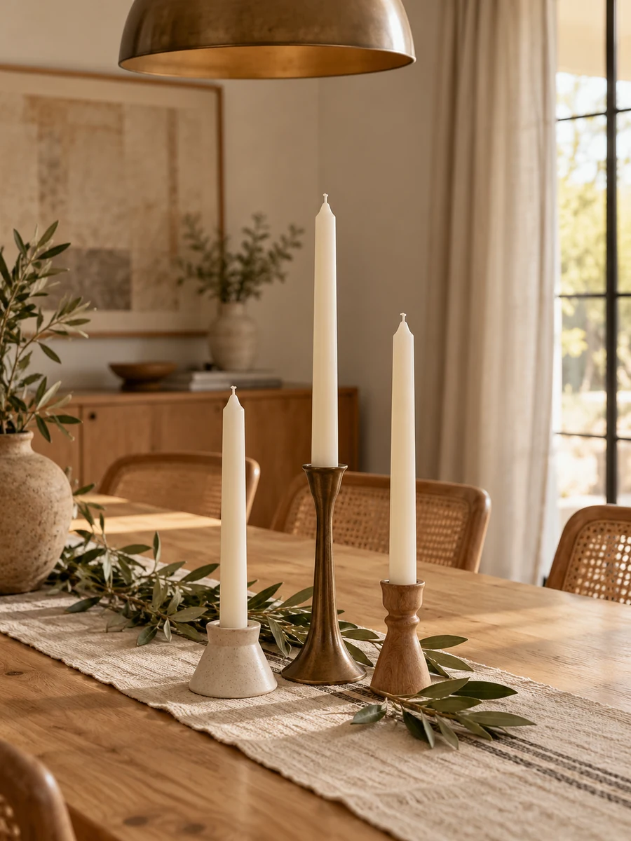Velas de distintas alturas sobre un camino de mesa del comedor