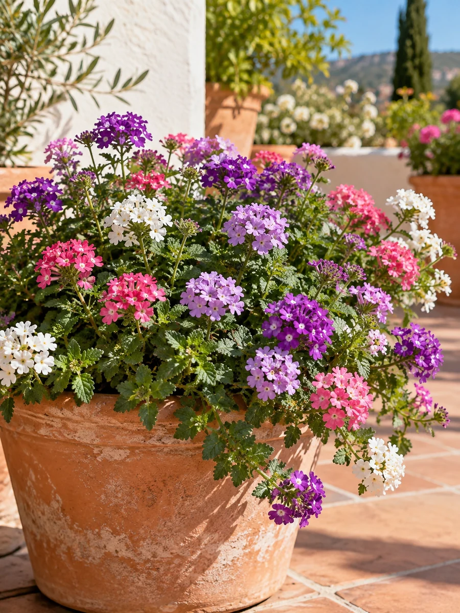 Verbena de flores violetas en una jardinera soleada