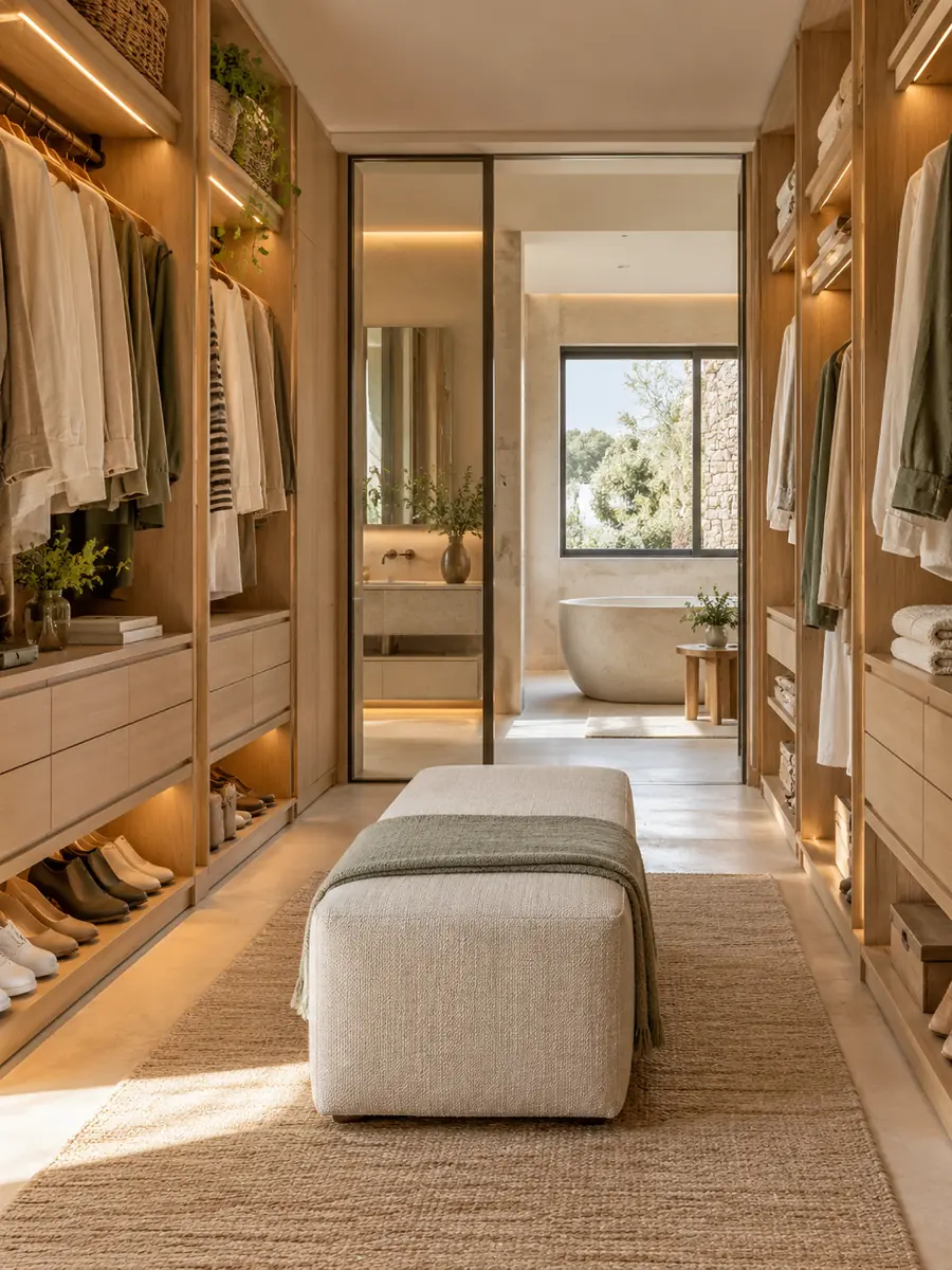 Vestidor de madera con armarios ordenados e iluminación LED