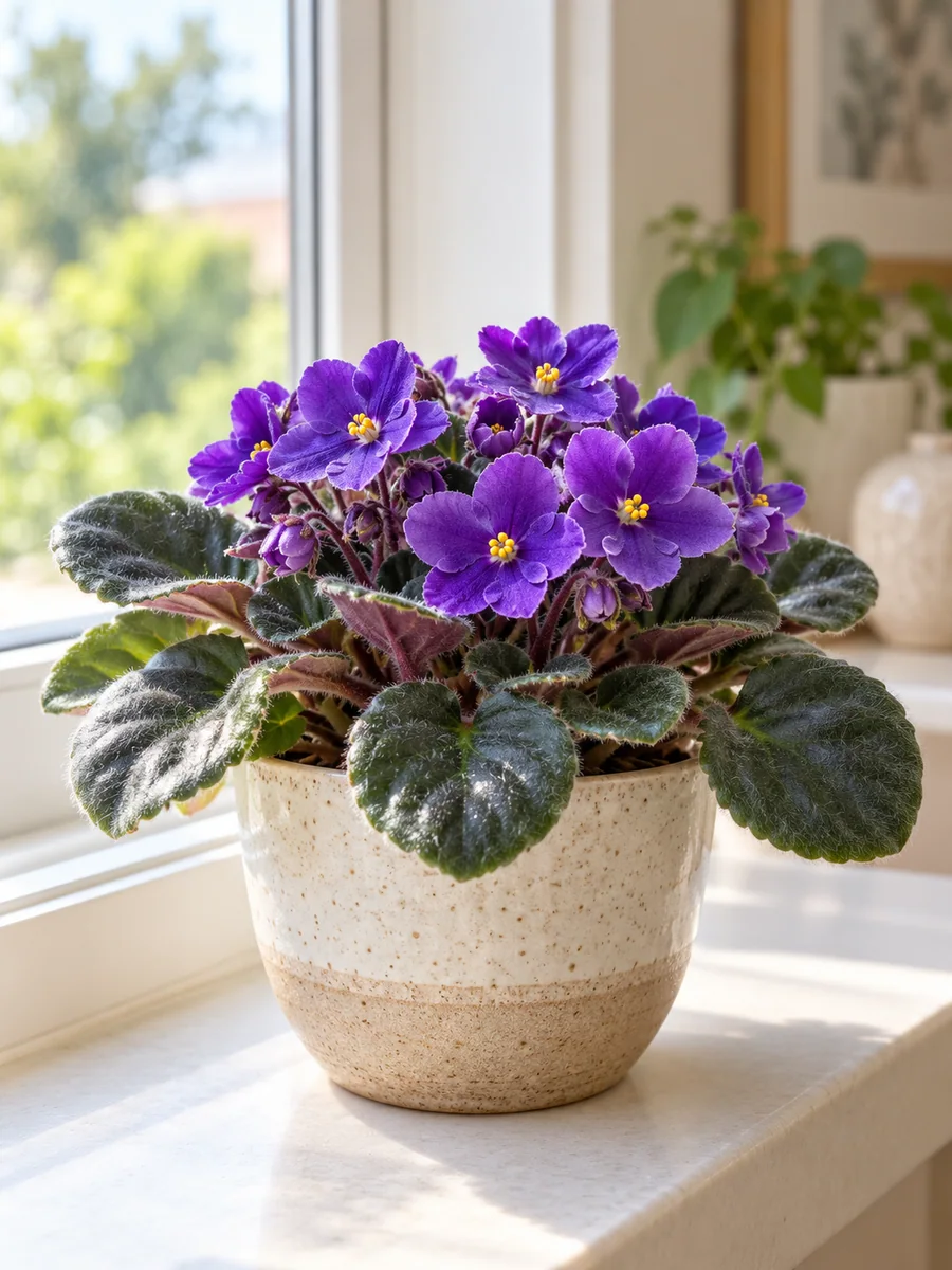 Violeta africana en flor junto a la ventana Violeta africana con flores violetas y hojas verdes en una maceta junto a una ventana luminosa.